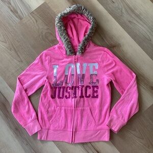 Justice pink velour zip up hoodie sweatshirt | girls 12 | sequin love faux fur